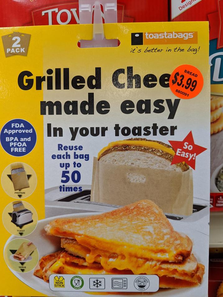 Design 2 PACK TOWA toastabags it's better in the bag! 880091 Grilled Chee$3.99 made easy FDA Approved In your toaster BPA and PFOA FREE PREPARE Reuse each bag up to 50 times So Easy! TOAST SERVE NON STICK SAFE <1 TOTA SUGAR