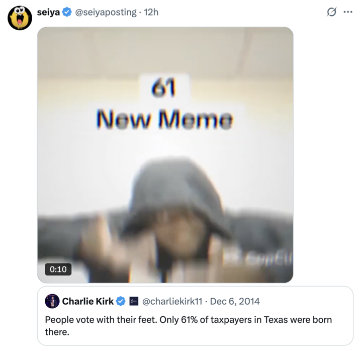 A "quote-tweet":https://knowyourmeme.com/memes/quote-retweets-qrts of an old "Charlie Kirk":https://knowyourmeme.com/memes/people/charlie-kirk tweet that used the number 61.