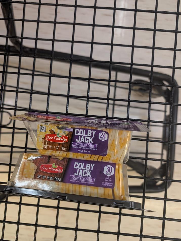 SERVING ar Calcium COLB MARCHE BES19 COLBY 24 Our Family JACK NET WT 7 OZ (198g) CRACKER CUT CHEESE MARBLED COLBY&MONTEREY JACK CHEESE Ready to Serve Tray SLICES Our Family NET WT 10 OZ (283g) COLBY JACK CRACKER CUT CHEESE MARBLED COLBY&MONTEREY JACK CHEESE 30 SLICES Ready to Serve Tray USE WITHIN 3 TO 5 DAYS OF OPENING