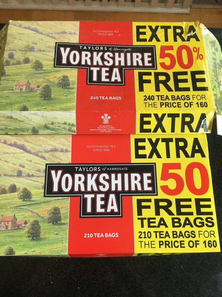 OUTSTANDING TEA SINCE 1886 TAYLORS of Harrogate EXTRA YORKSHIRE 50% TEA FREE 240 TEA BAGS By Appointment to HRH The Prince of Wales Suppliers of Beverages, Taylors of Harrogate North Yorkshire OUTSTANDING TEA SINCE 1886 TAYLORS of HARROGATE 240 TEA BAGS FOR THE PRICE OF 160 EXTRA EXTRA YORKSHIRE 50 TEA FREE 210 TEA BAGS TEA BAGS 210 TEA BAGS FOR THE PRICE OF 160
