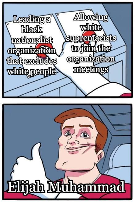 Leading a black Allowing white nationalist supremacists organization to join the that excludes organization white people meetings Elijah Muhammad