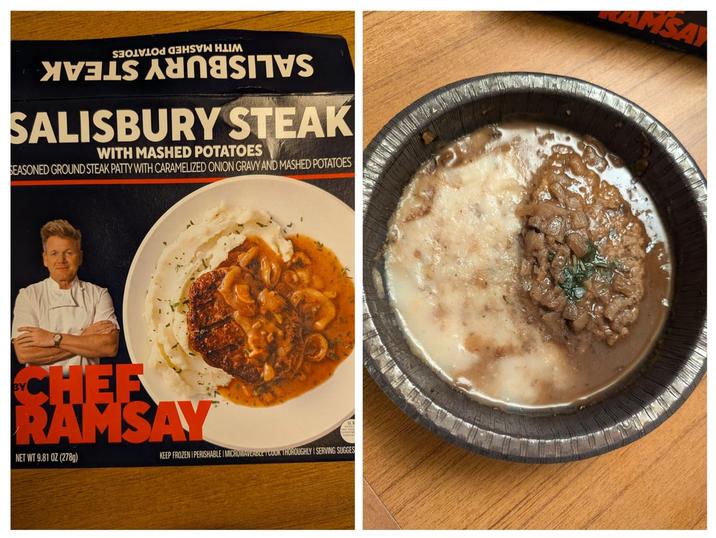 SEE MORE H MEESTERESIS SALISBURY STEAK WITH MASHED POTATOES SEASONED GROUND STEAK PATTY WITH CARAMELIZED ONION GRAVY AND MASHED POTATOES HEF RAMSAY NET WT 9.81 OZ (278g) KEEP FROZEN I PERISHABLE I MICROWAVEABLET COOK THOROUGHLY I SERVING SUGGES MSA