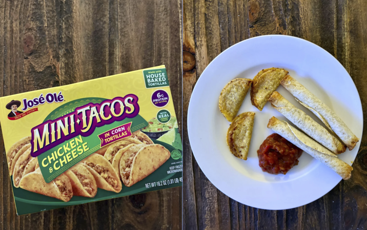José Olé TASTE THE FIESTA! MINI TACOS CHICKEN & CHEESE IN CORN TORTILLAS Made with HOUSE BAKED TORTILLAS 6G PROTEIN per serving WITH REAL cheedar cheese TED SERVING SUGGESTION KEEP FROZE MICROWAVAB NET WT 16.2 OZ (1.01 LB) 45