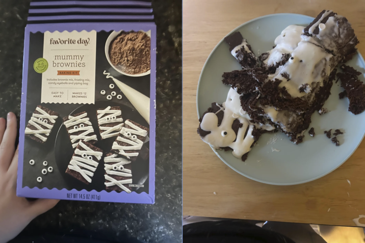 ΔΔ favorite day mummy brownies BAKING KIT Includes brownie mix, frosting mix, candy eyeballs and piping bag EASY TO MAKE MAKES 12 BROWNIES XIX NET WT 14.5 OZ (411g) SERVING SUGGESTION