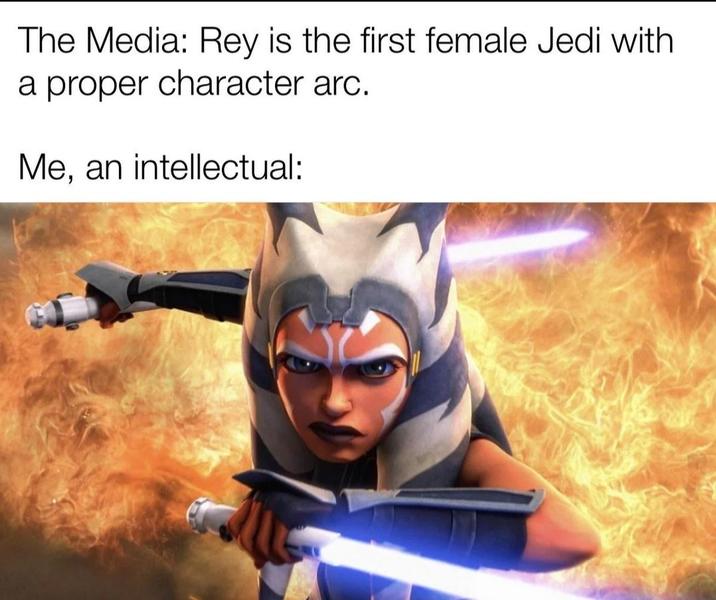 The Media: Rey is the first female Jedi with a proper character arc. Me, an intellectual:
