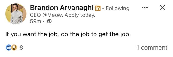 Brandon Arvanaghi in. Following CEO @Meow. Apply today. 59m⚫ If you want the job, do the job to get the job. ଧହଁ 8 ☑ 1 comment