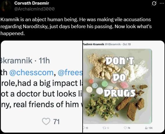 A tweet from X / Twitter user Archaicmind3000 on October 20th, 2025, insinuating that Vladimir Kramnik's posts about Daniel Naroditsky contributed to his death.