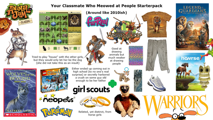 ANIME JEM CLASSIC L:18 Your Classmate Who Meowed at People Starterpack North South West East (Around like 2010ish) fur Real BEYOND THE WESTERN DEEP You don't to how wry LEGENDE GUARDIANS THE OWLS OF GAROOLE Tried to play "house" with the other girls, but they would only let her be the dog (she did not take this as an insult) Return to the world of GUARDIANS OF GAHOOLE WOLVES OF THE BEYOND FROST WOLF KATHRYN LASKY SCHOLASTIC LEGO CHIMA 8-14 Either ended up coming out in high school (to no one's real surprise) or secretly harbored a crush on some guy old enough to be her father girl scouts *neopetsⓇ Pokémon Good at drawing animals but much weaker at drawing people Related, yet distinct, from horse girls howrse WARRIORS