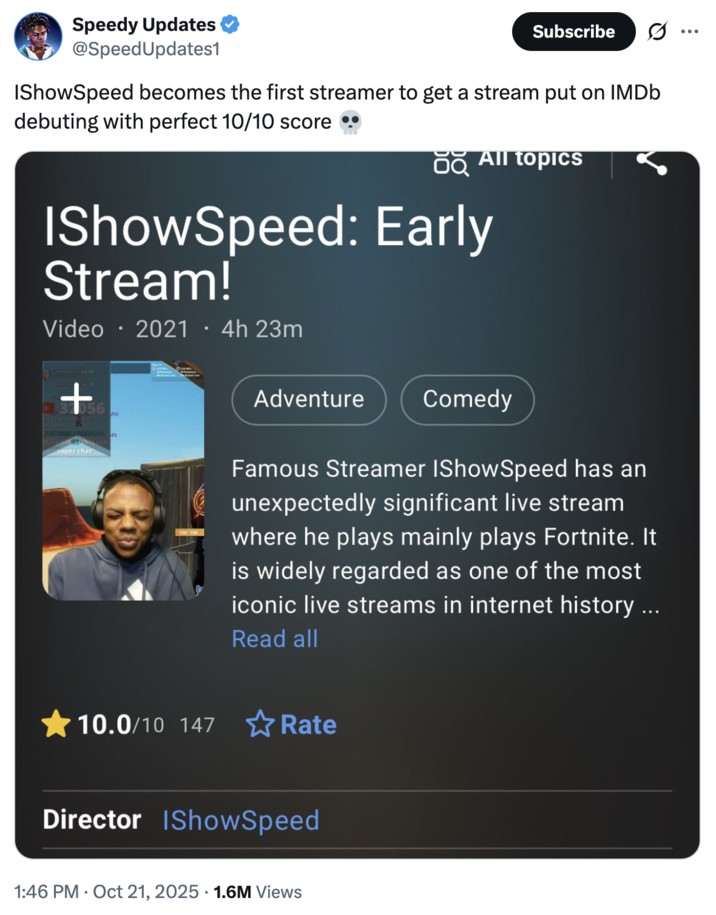 A "tweet":https://knowyourmeme.com/memes/sites/twitter-x announcing that IShowSpeed's "Early Stream!" livestream was added to IMDb.