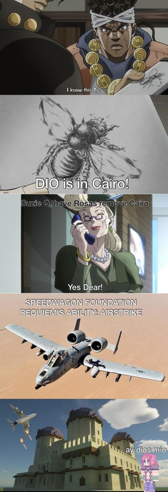 I know this fly! DIO is in Cairo! Suzie Q, have Rosas remove Cairo Yes Dear! SPEEDWAGON FOUNDATION REQUIEM'S ABILITY: AIRSTRIKE ay dios mio