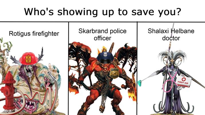 Who's showing up to save you? Rotigus firefighter Skarbrand police officer Shalaxi Helbane doctor FIRE CHIEF POLICE OFFICER FIRST AID