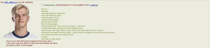 File: IMG_8960.png (212 KB, 500x500) Anonymous 10/22/25(Wed)16:17:02 No.82881414 >>82881497 >be me >spanish >average height for Spaniard >sit a the library to study >nobody gives a f--- >observes the people >enters a---- Chad >the whole package >flowy blonde hair, tall (around 2 meters), well built > all the foids stop working and stare silently at him >some foids even stare with an open mouth and some talk with their friends >chad goes through the entire library, does not give a single f--- and sits at a table alone. >he notices that foids are looking at him >smiles >probably an ego boost How do you deal with being mogged by the a---- race? I will never have this effect on foids and will probably die alone. Its beyond ovER, it never began.