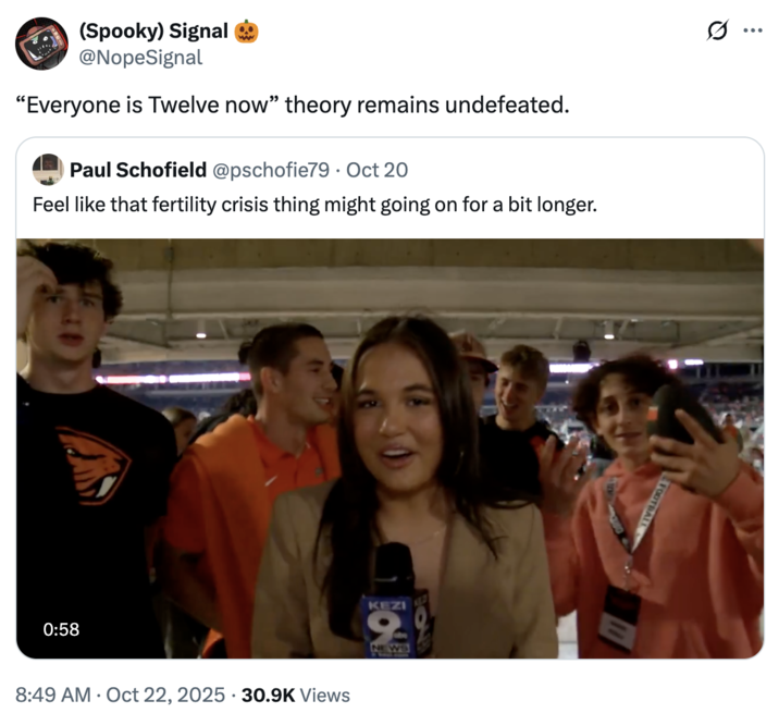 A "quote-tweet":https://knowyourmeme.com/memes/quote-retweets-qrts about the "viral video":https://knowyourmeme.com/memes/viral-videos of female reporter Olivia Cleary being harassed by a group of male Oregon State college students, who shout "67":https://knowyourmeme.com/memes/6-7-song-67-meme behind her.