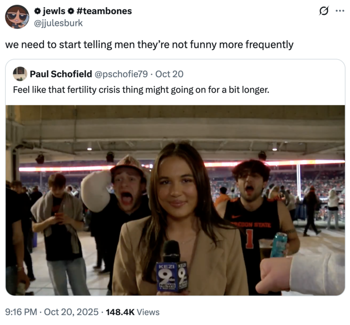 A "quote-tweet":https://knowyourmeme.com/memes/quote-retweets-qrts about the "viral video":https://knowyourmeme.com/memes/viral-videos of female reporter Olivia Cleary being harassed by a group of male Oregon State college students, who shout "67":https://knowyourmeme.com/memes/6-7-song-67-meme behind her.