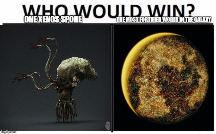 imgflip.com WHO WOULD WIN? ONE XENOS SPORE THE MOST FORTIFIED WORLD IN THE GALAXY