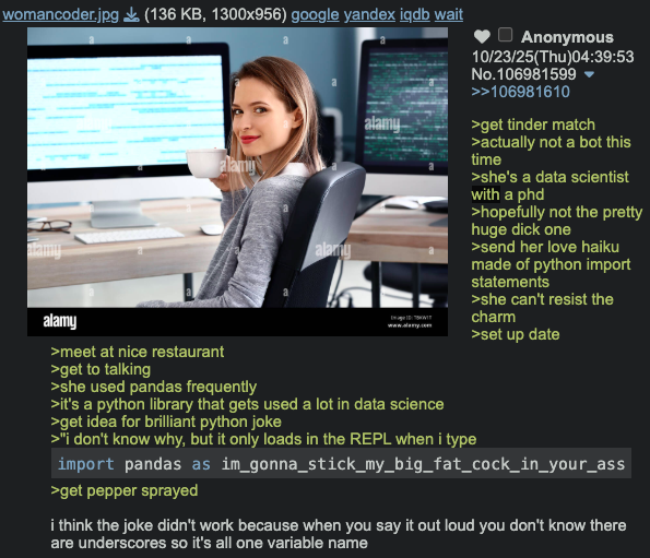 womancoder.jpg (136 KB, 1300x956) google yandex iqdb wait alamy alamy >meet at nice restaurant >get to talking alany alamy www.alany.com Anonymous 10/23/25(Thu)04:39:53 No.106981599 >>106981610 >get tinder match >actually not a bot this time >she's a data scientist with a phd >hopefully not the pretty huge d--- one >send her love haiku made of python import statements >she can't resist the charm >set up date >she used pandas frequently >it's a python library that gets used a lot in data science >get idea for brilliant python joke >"I don't know why, but it only loads in the REPL when i type import pandas as im_gonna_stick_my_big_fat_cock_in_your_ass >get pepper sprayed i think the joke didn't work because when you say it out loud you don't know there are underscores so it's all one variable name