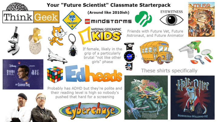 Your "Future Scientist" Classmate Starterpack Think Geek CUB SCOUTS Disney BILL the Science Guy presents NYE (Around like 2010ish) LEGO MINDSTORMS NATIONAL GEOGRAPHIC KIDS If female, likely in the grip of a particularly brutal "not like other girls" phase Edheads Probably has ADHD but they're polite and their reading level is high so nobody's pushed that hard for a screening Cyberchase EYEWITNESS Friends with Future Vet, Future Astronaut, and Future Animator NASA muse These shirts specifically Hallinjter For the ght wher Ride BEARIZONA-WILLIAMS-AZ