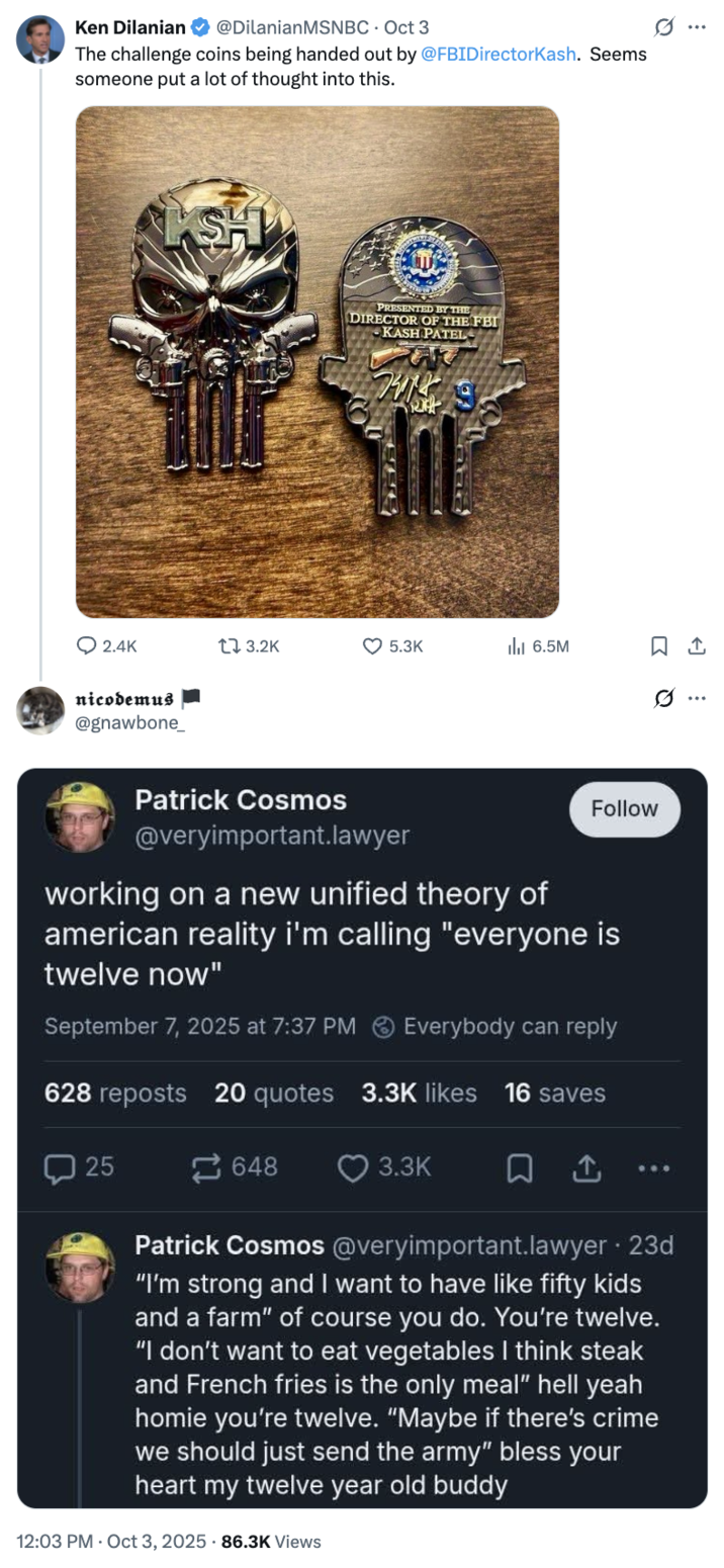A "Twitter / X":https://knowyourmeme.com/memes/sites/twitter-x reply to a tweet about FBI Kash Patel's "challenge coins" referencing the "Everyone is 12 Now" Theory.