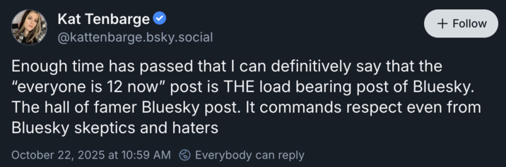 A "Bluesky":https://knowyourmeme.com/memes/sites/bluesky post claiming that the "Everyone is 12 Now" Theory is one of the app's "load-bearing posts":https://knowyourmeme.com/memes/load-bearing-posts.