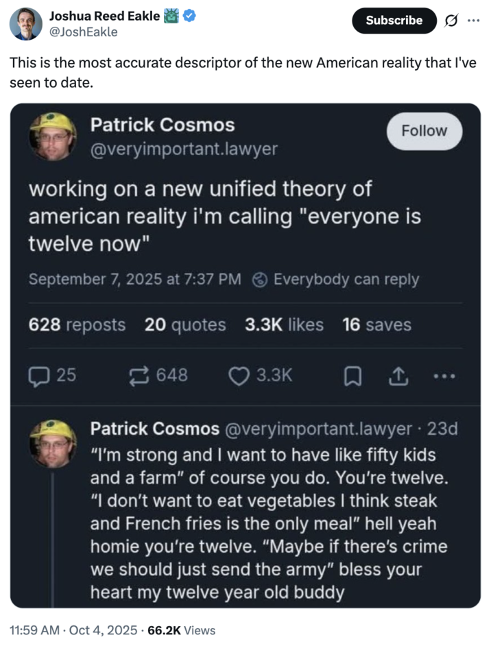 A "tweet":https://knowyourmeme.com/memes/sites/twitter-x about the "Everyone is 12 Now" Theory "Bluesky":https://knowyourmeme.com/memes/sites/bluesky post.