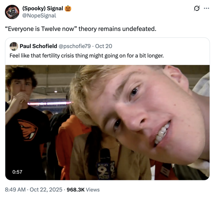 A "quote-tweet":https://knowyourmeme.com/memes/quote-retweets-qrts of the "Oregon State 67 Guys Interrupting Female Reporter Olivia Cleary":https://knowyourmeme.com/memes/oregon-state-67-guys-interrupting-female-reporter-olivia-cleary "viral video":https://knowyourmeme.com/memes/viral-videos, referencing the "Everyone is 12 Now" theory.