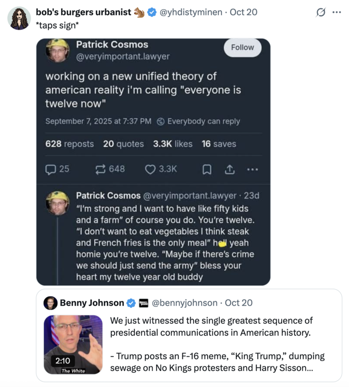 A "quote-tweet":https://knowyourmeme.com/memes/quote-retweets-qrts referencing the "Everyone is 12 Now" theory from "Bluesky":https://knowyourmeme.com/memes/sites/bluesky post from user Patrick Cosmos.