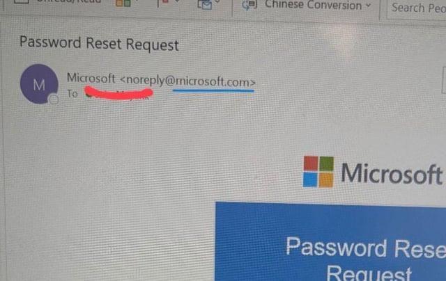 Password Reset Request Microsoft <noreply@microsoft.com> M To Chinese Conversion Y Search Peo Microsoft Password Rese Request