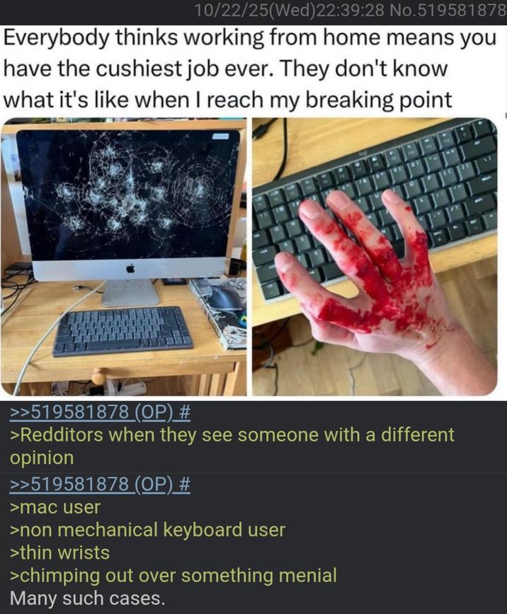 10/22/25(Wed)22:39:28 No.519581878 Everybody thinks working from home means you have the cushiest job ever. They don't know what it's like when I reach my breaking point 107 147 20 >>519581878 (OP) # 3 >Redditors when they see someone with a different opinion >>519581878 (OP) # >mac user >non mechanical keyboard user >thin wrists >chimping out over something menial Many such cases. 711