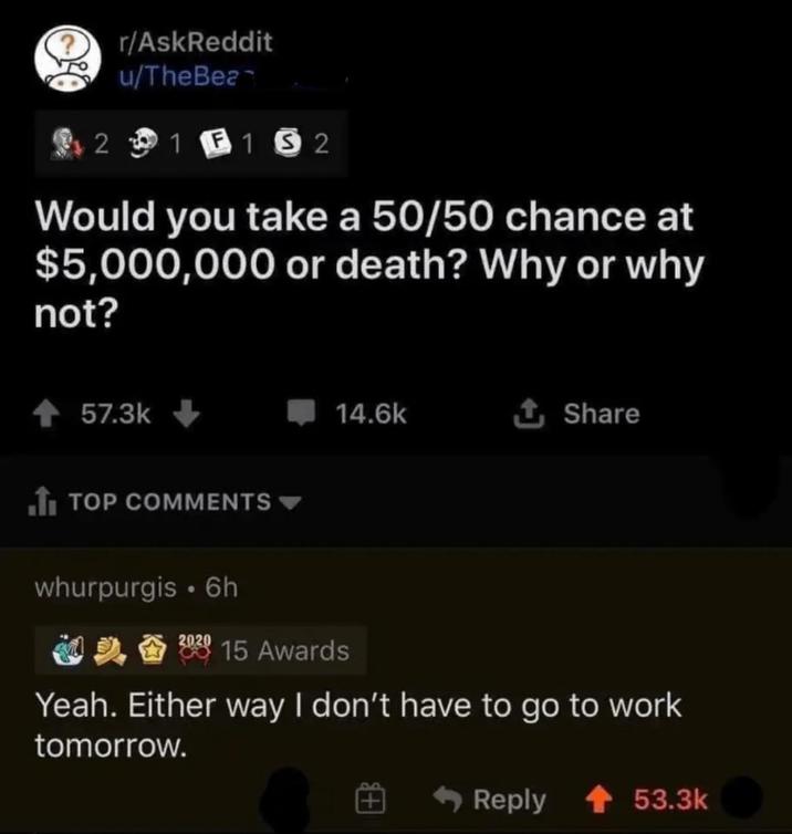 r/AskReddit u/TheBea 21 F1 S2 Would you take a 50/50 chance at $5,000,000 or death? Why or why not? 57.3k 14.6k ↑ Share TOP COMMENTS whurpurgis 6h 2020 15 Awards Yeah. Either way I don't have to go to work tomorrow. ◆ Reply 53.3k