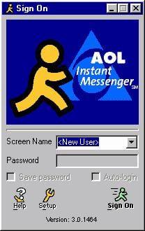 *Sign On k AOL Instant Messenger Screen Name New User> Password Save password 3 y Auto-login Help Setup Sign On Version: 3.0.1464
