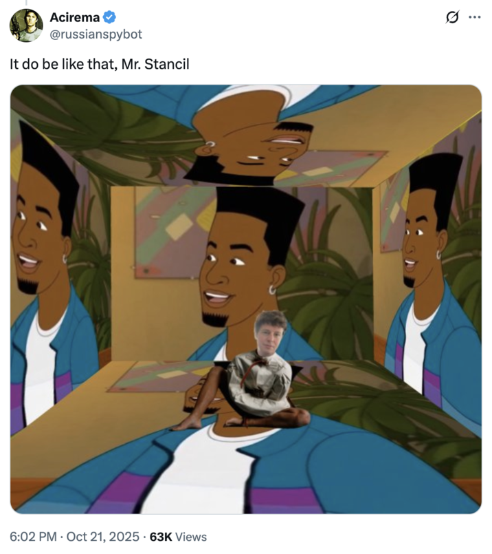 A "tweet":https://knowyourmeme.com/memes/sites/twitter-x using an image of "Will Stancil":https://knowyourmeme.com/memes/people/will-stancil in a Jamal room, known for his quote, "It do be like that, Mr. Stancil."