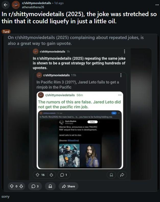 A meme from /r/shittymoviedetails about the prevalence of the "liquid garlic" meme, which flooded the subreddit in late October 2025.