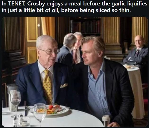 In TENET, Crosby enjoys a meal before the garlic liquifies in just a little bit of oil, before being sliced so thin.