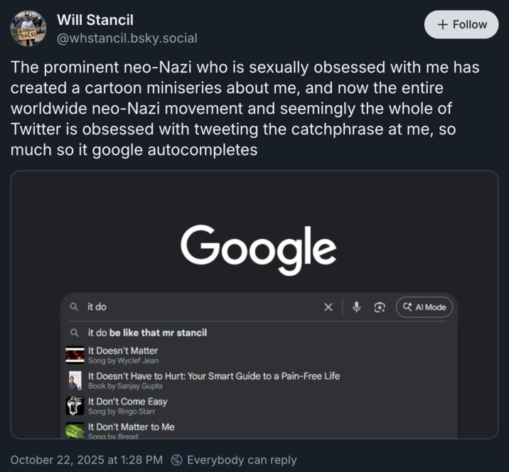 The prominent neo-Nazi who is sexually obsessed with me has created a cartoon miniseries about me... A "Bluesky":https://knowyourmeme.com/memes/sites/bluesky post from "Will Stancil":https://knowyourmeme.com/memes/people/will-stancil about Emily Youcis and the _The Will Stancil Show!_ miniseries.