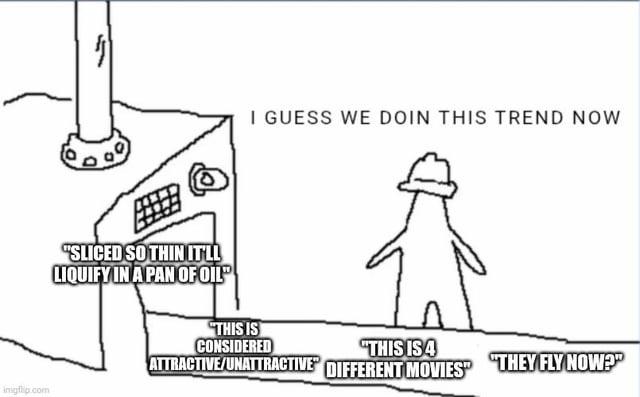 外 "SLICED SO THIN IT'LL LIQUIFY IN A PAN OF OIL I GUESS WE DOIN THIS TREND NOW "THIS IS CONSIDERED ATTRACTIVE/UNATTRACTIVE "THIS IS 4 DIFFERENT MOVIES "THEY FLY NOW?" imgflip.com