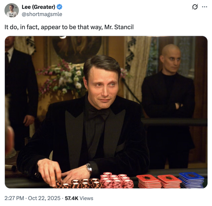 Lee (Greater) @shortmagsmle It do, in fact, appear to be that way, Mr. Stancil 2:27 PM Oct 22, 2025 57.4K Views • Q :