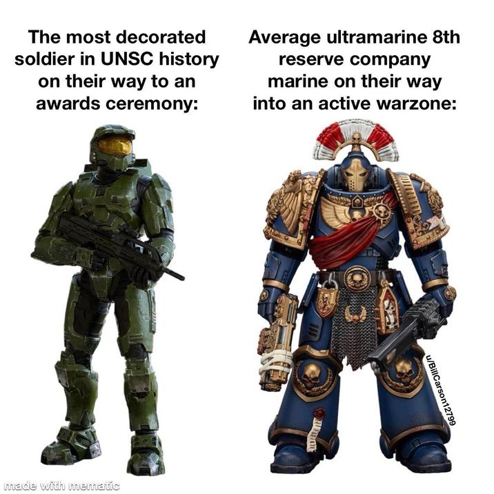 The most decorated soldier in UNSC history on their way to an awards ceremony: Average ultramarine 8th reserve company marine on their way into an active warzone: ARA made with mematic u/BillCarson12799