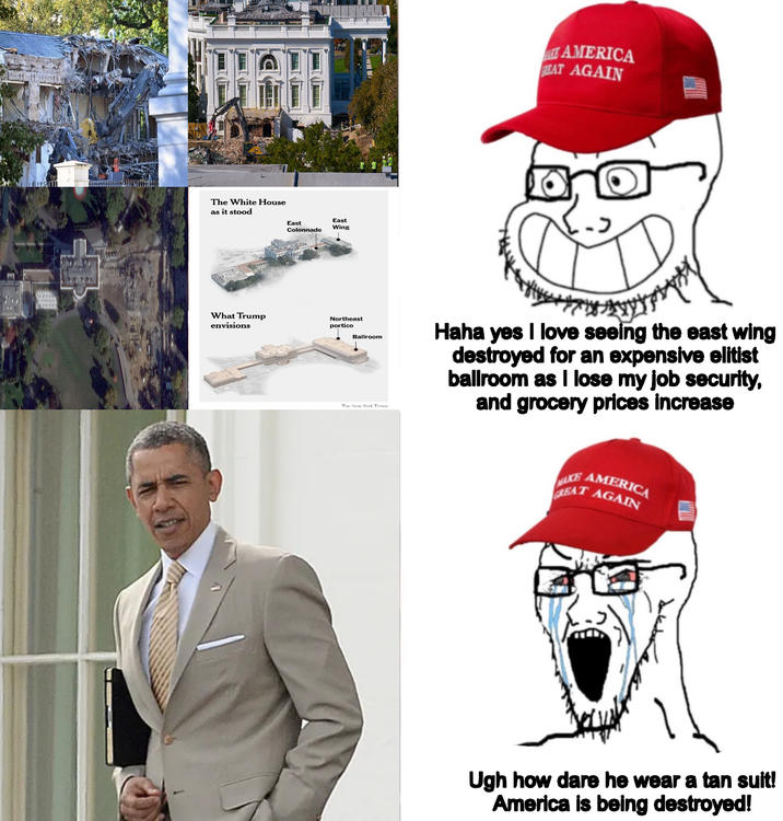The White House as it stood East East Colonnade Wing What Trump envisions Northeast portico Ballroom AMERICA BEAT AGAIN The New York Times Haha yes I love seeing the east wing destroyed for an expensive elitist ballroom as I lose my job security, and grocery prices increase IKE AMERICA GREAT AGAIN Ugh how dare he wear a tan suit! America is being destroyed!