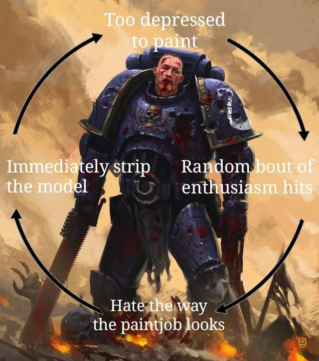 Too depressed to paint Immediately strip the model Random bout of Uenthusiasm hits Hate the way the paintjob looks