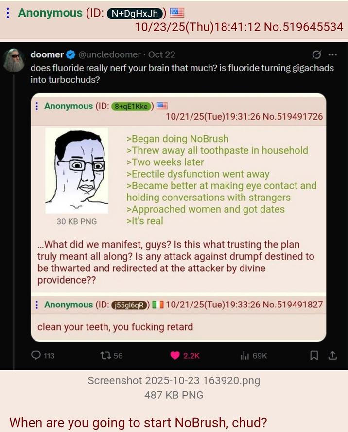 Anonymous (ID: N+DgHxJh) 10/23/25(Thu)18:41:12 No.519645534 doomer @uncledoomer • Oct 22 does fluoride really nerf your brain that much? is fluoride turning gigachads into turbochuds? Anonymous (ID: 8+qE1kke 30 KB PNG 10/21/25(Tue)19:31:26 No. 519491726 >Began doing NoBrush >Threw away all toothpaste in household >Two weeks later >Erectile dysfunction went away >Became better at making eye contact and holding conversations with strangers >Approached women and got dates >It's real ...What did we manifest, guys? Is this what trusting the plan truly meant all along? Is any attack against drumpf destined to be thwarted and redirected at the attacker by divine providence?? Anonymous (ID: 55g16qR) 10/21/25(Tue)19:33:26 No.519491827 clean your teeth, you f------ retard 113 1756 2.2K ılı 69K Screenshot 2025-10-23 163920.png 487 KB PNG When are you going to start NoBrush, chud?