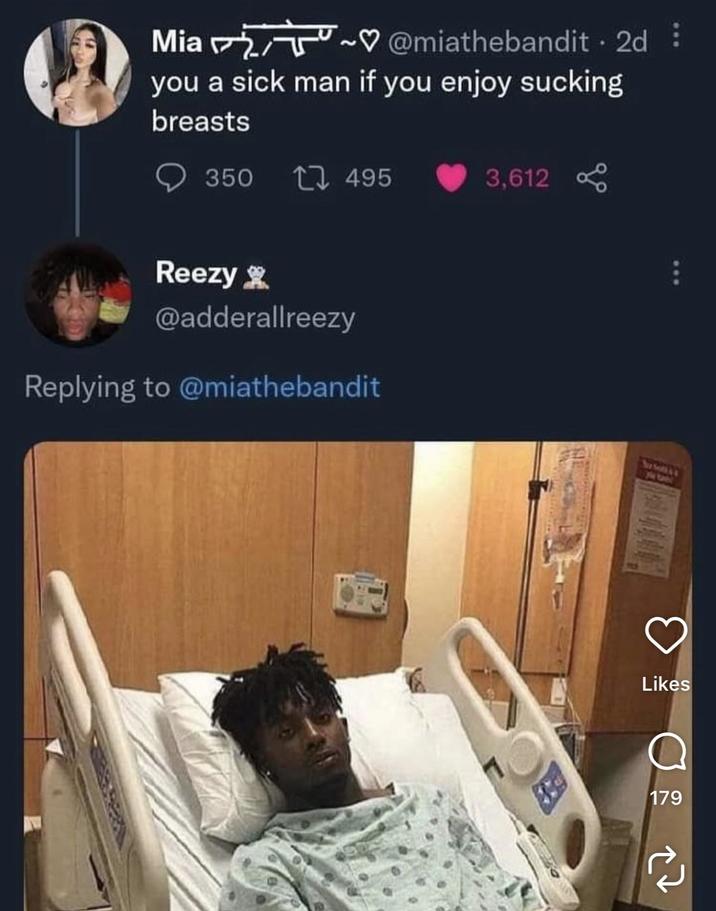 Mia ~♡ @miathebandit. 2d 2 you a sick man if you enjoy sucking breasts 350 1495 3,612 Reezy @adderallreezy Replying to @miathebandit Likes 179 소고