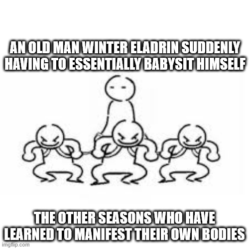 AN OLD MAN WINTER ELADRIN SUDDENLY HAVING TO ESSENTIALLY BABYSIT HIMSELF THE OTHER SEASONS WHO HAVE LEARNED TO MANIFEST THEIR OWN BODIES imgflip.com
