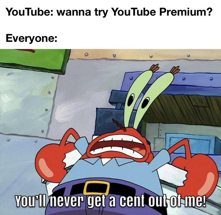 YouTube: wanna try YouTube Premium? Everyone: You'll never get a cent out of me!