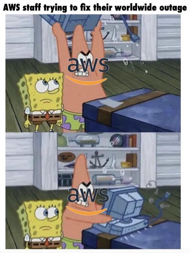 AWS staff trying to fix their worldwide outage aws aws