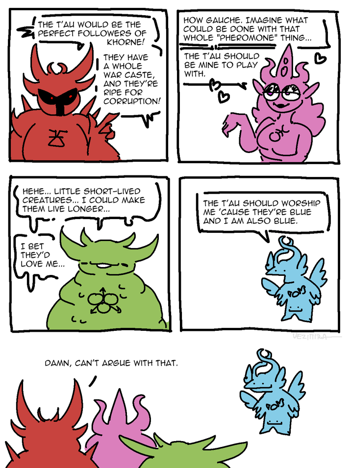 THE T'AU WOULD BE THE PERFECT FOLLOWERS OF KHORNE! THEY HAVE A WHOLE WAR CASTE, AND THEY'RE RIPE FOR CORRUPTION! HOW GAUCHE. IMAGINE WHAT COULD BE DONE WITH THAT WHOLE "PHEROMONE" THING... THE T'AU SHOULD BE MINE TO PLAY WITH. 0 去 HEHE... LITTLE SHORT-LIVED CREATURES... I COULD MAKE THEM LIVE LONGER... THE T'AU SHOULD WORSHIP ME 'CAUSE THEY'RE BLUE AND I AM ALSO BLUE. I BET THEY'D LOVE ME... C DAMN, CAN'T ARGUE WITH THAT. VEZIMIRA