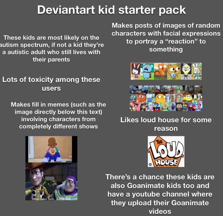 Deviantart kid starter pack These kids are most likely on the autism spectrum, if not a kid they're a autistic adult who still lives with their parents Lots of toxicity among these users Makes posts of images of random characters with facial expressions to portray a "reaction" to something Makes fill in memes (such as the image directly below this text) involving characters from completely different shows Woody Happy Trails, Little Billi Likes loud house for some reason THE LOUD HOUSE There's a chance these kids are also Goanimate kids too and have a youtube channel where they upload their Goanimate videos