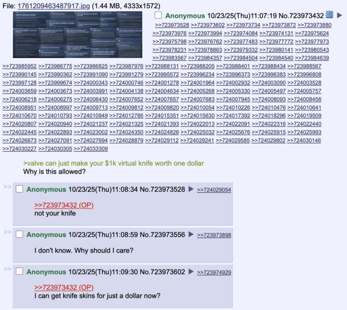 October 23rd, thread on 4chan's /v/ Users on 4chan's /v/ thread discussed the Valve knife trade-up update on October 23rd, 2025.