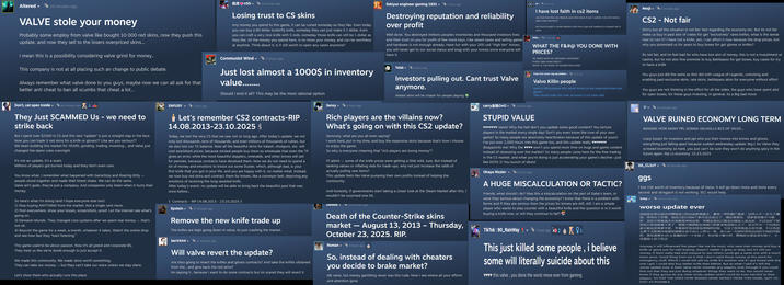 October 23rd, Image on 4chan's /v/ Users on 4chan's /v/ thread discussed the Valve knife trade-up update on October 23rd, 2025, with one post showing a number of comments and posts on Steam left by disgruntled _Counter-Strike 2_ players.