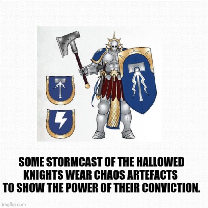 4 SOME STORMCAST OF THE HALLOWED KNIGHTS WEAR CHAOS ARTEFACTS TO SHOW THE POWER OF THEIR CONVICTION. imgflip.com
