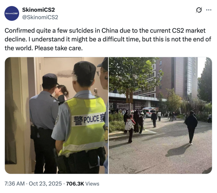 October 23rd, 2025 tweet by @SkinomiCS2 On October 23rd, X account @SkinomiCS2 posted a tweet saying that their sources had told them that some Chinese _Counter Strike 2_ players were ending their lives after facing massive loses in the game's skins market.
